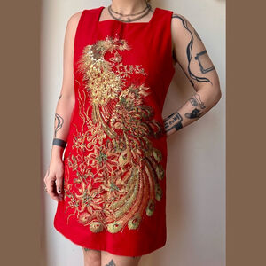 Red Wool Phoenix Sequin Sheath Dress Size M